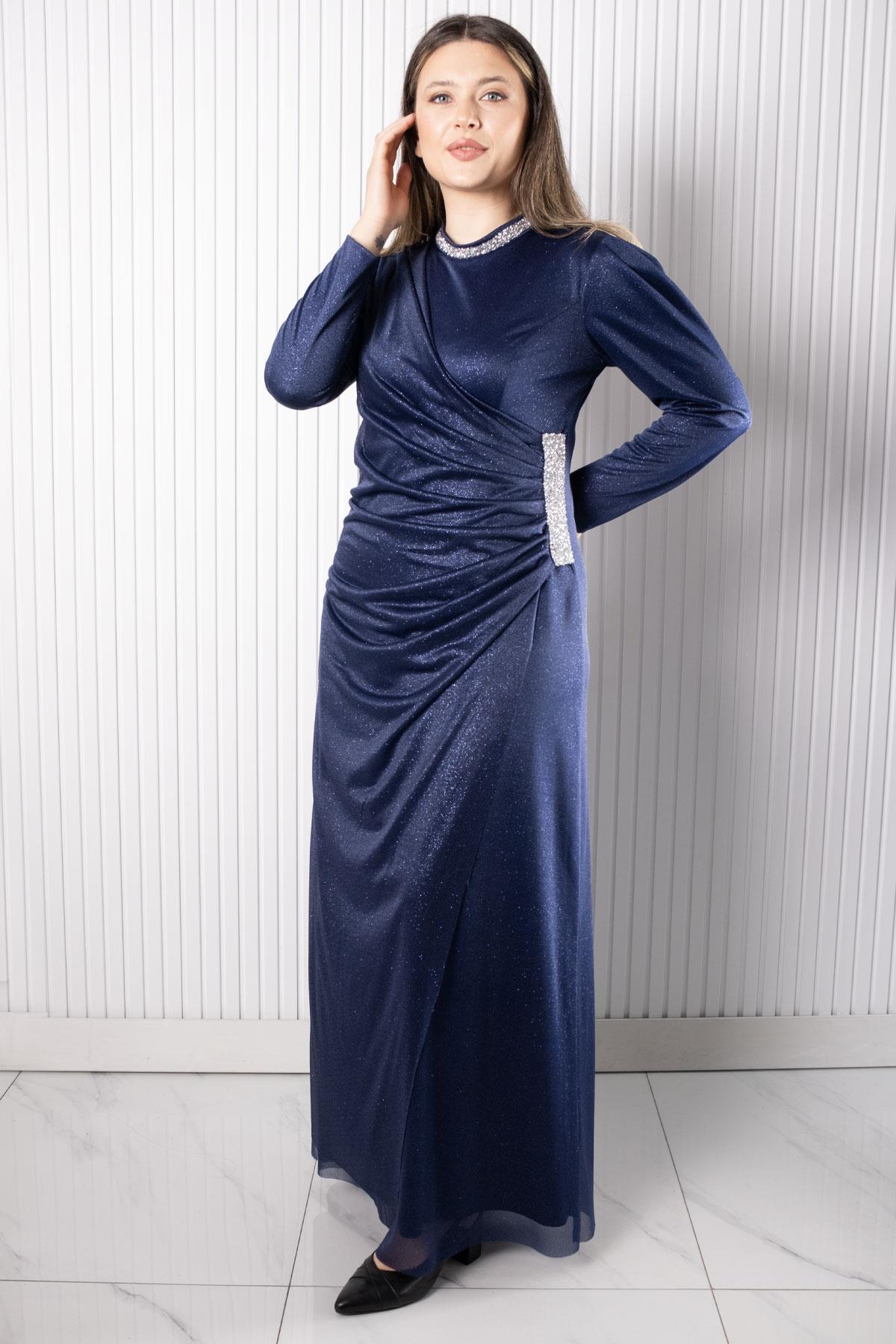 Taş Baskılı Simli Tül Abiye Elbise