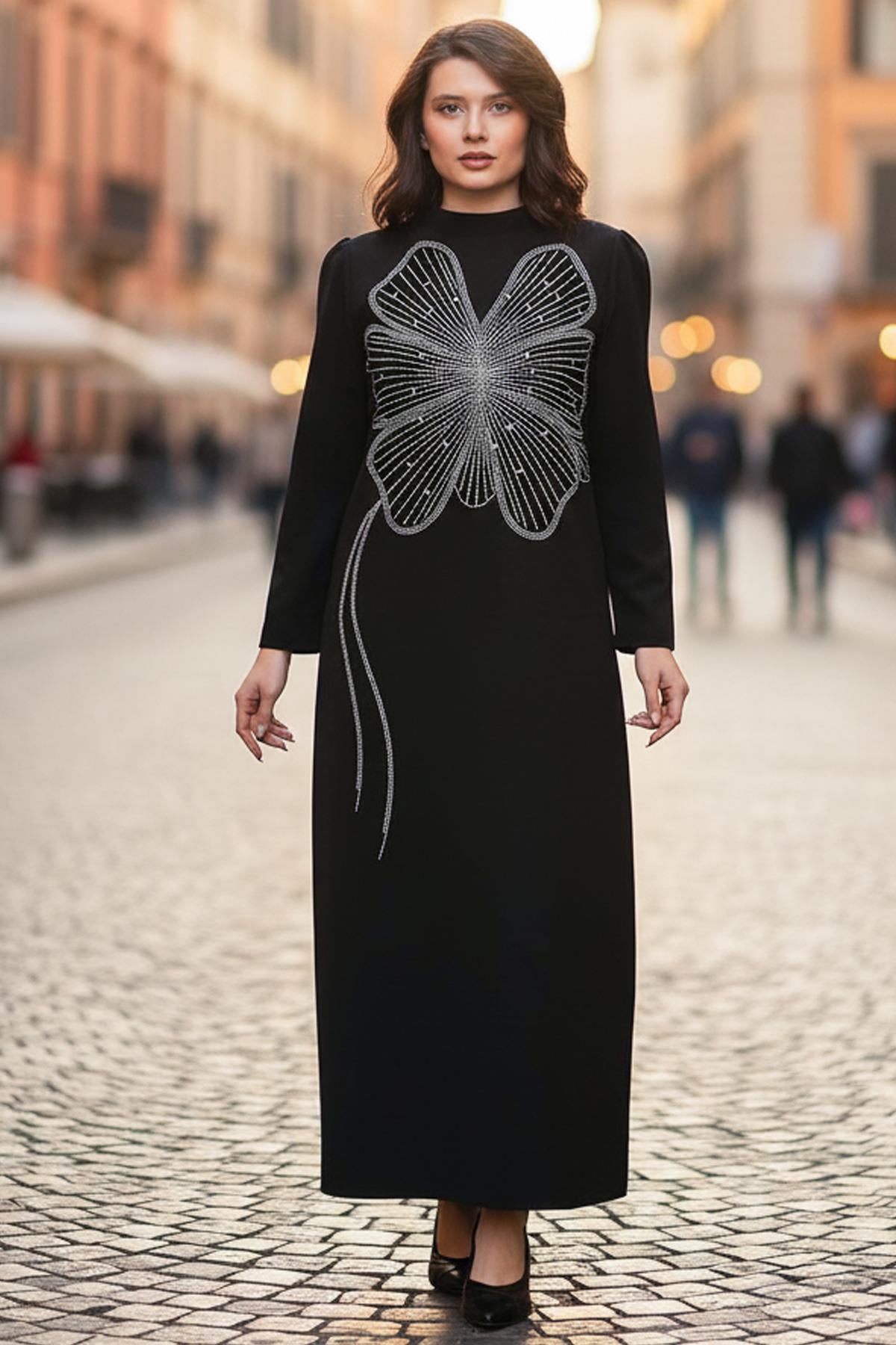 Robe De Soirée Détaillée à Imprimé Pierre Noir FHM948
