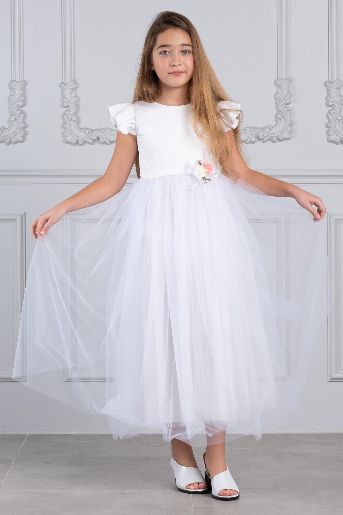 Kız Çocuk Tütülü Simli Abiye Beyaz KVC3009