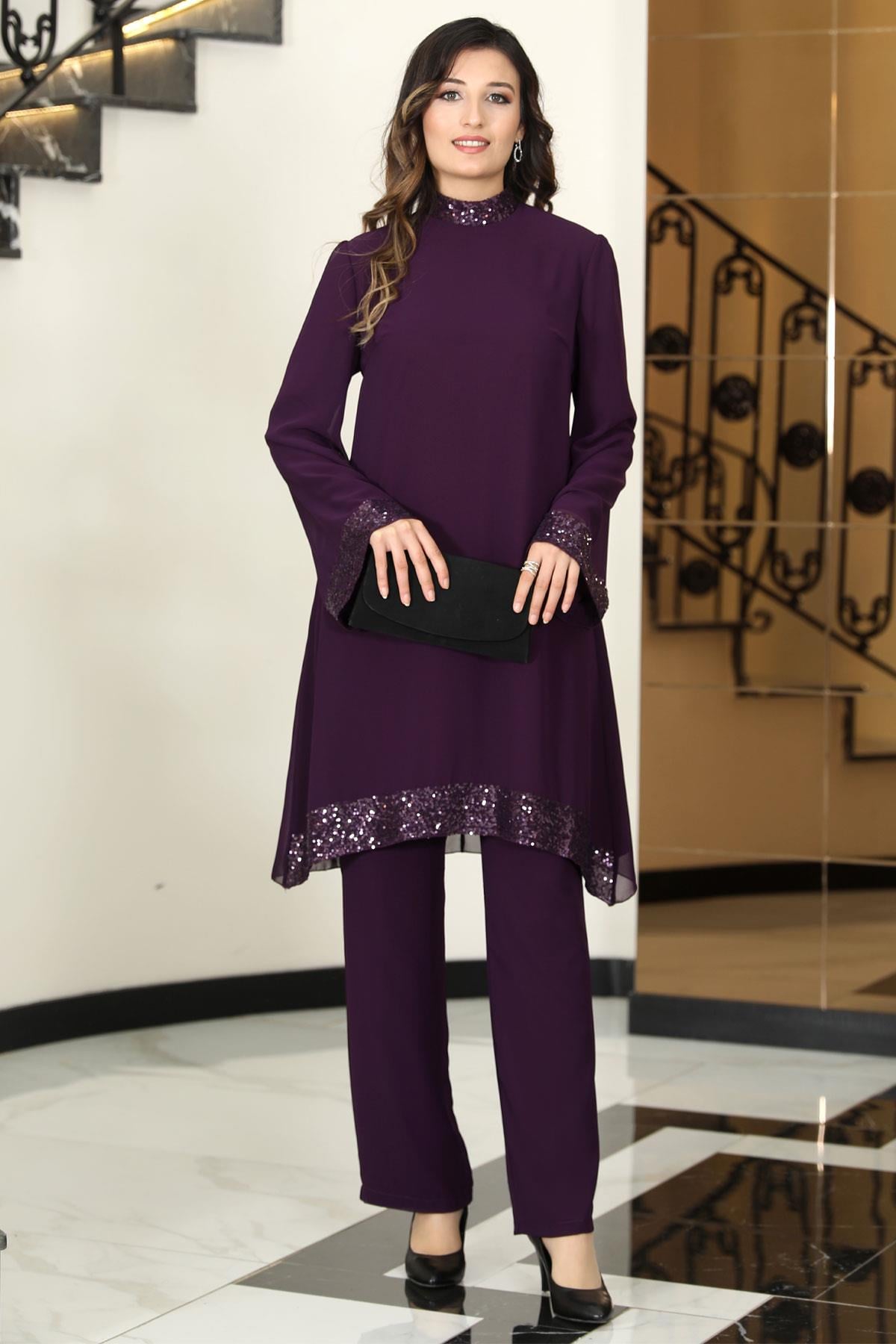 Umay Şifon Tunik Pantolon Takım Mürdüm ELB68