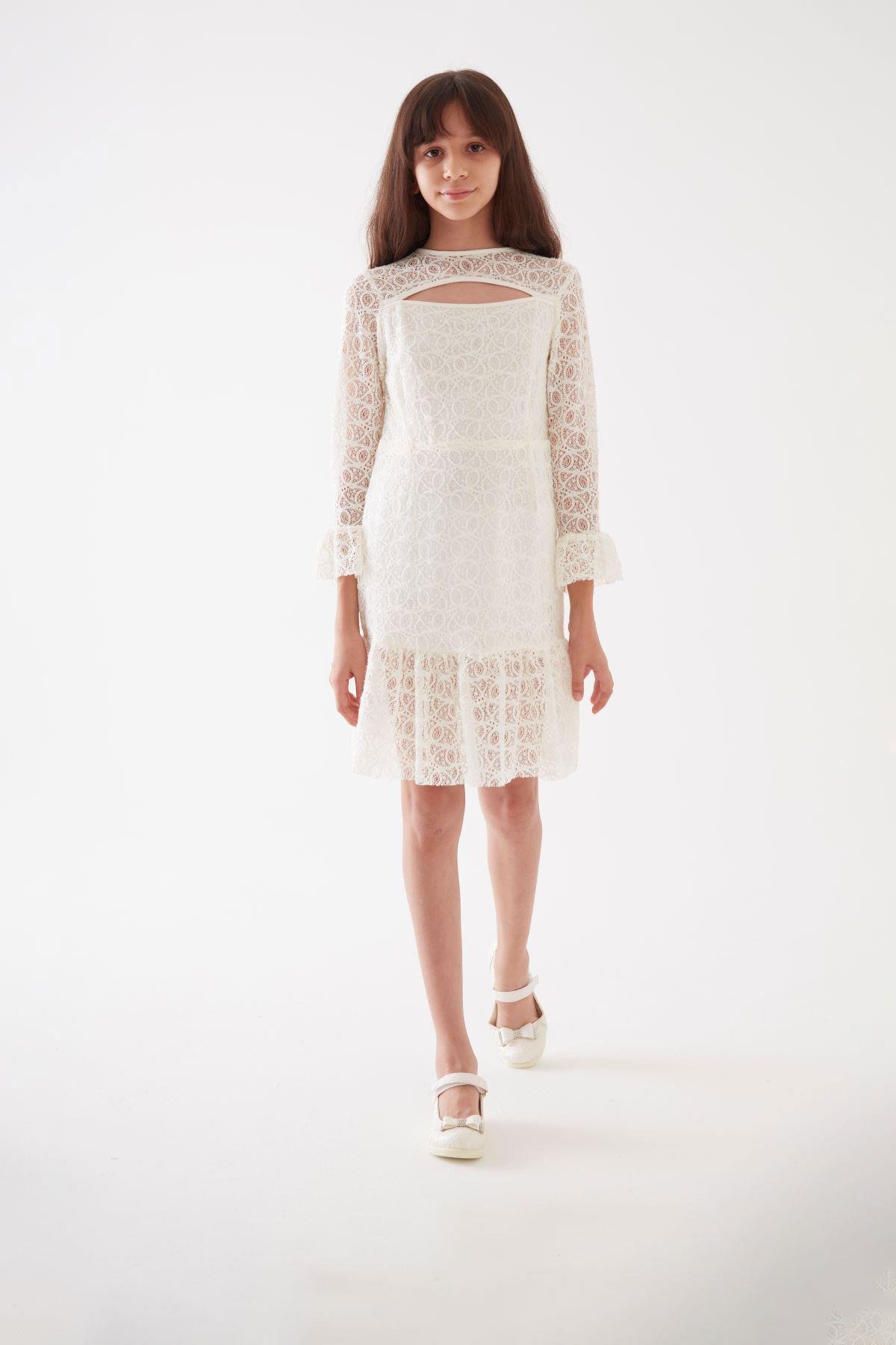 Kız Çocuk Dantelli Elbise Beyaz KVC918