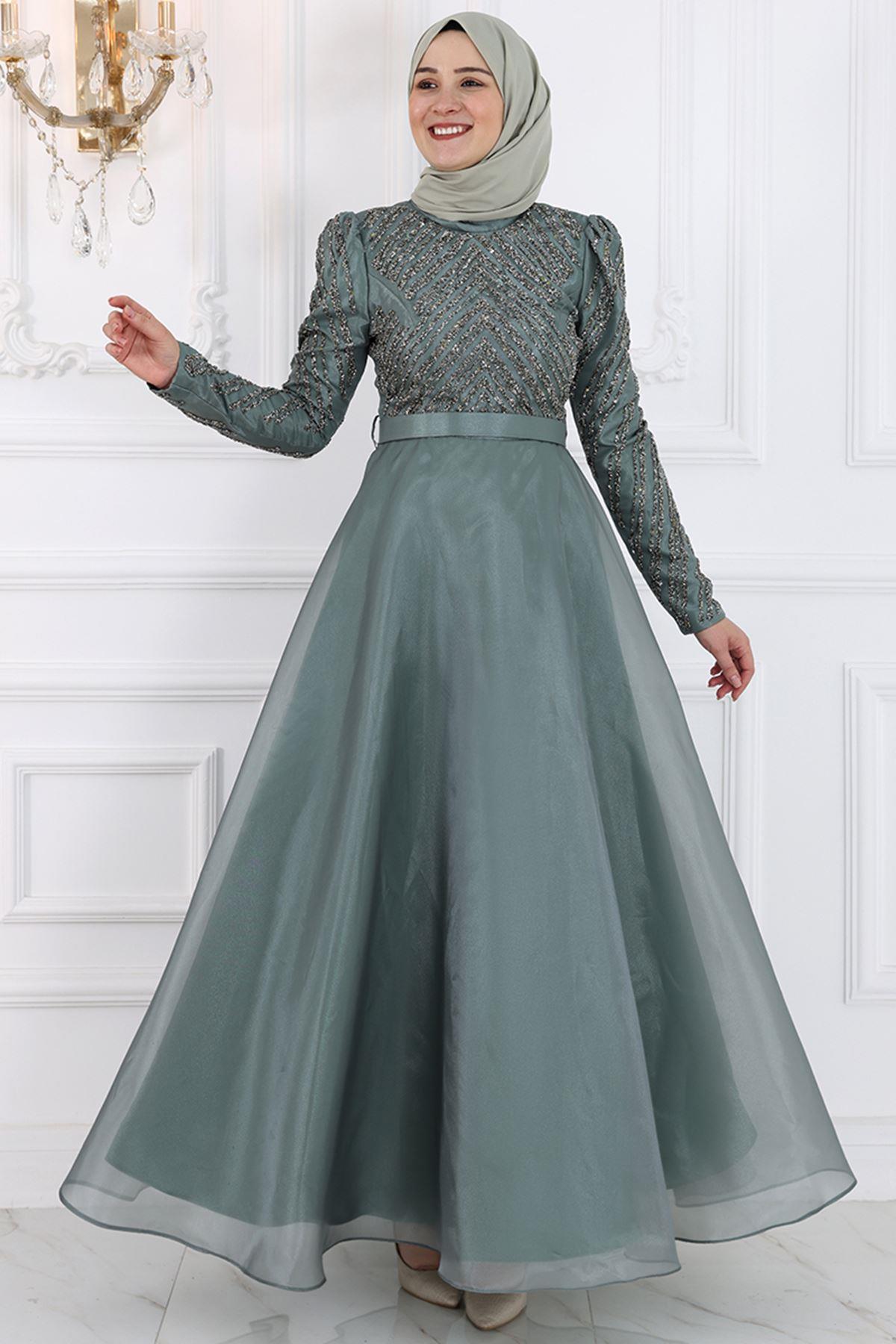 Robe De Soirée En Mousseline de Soie Vert AMH996