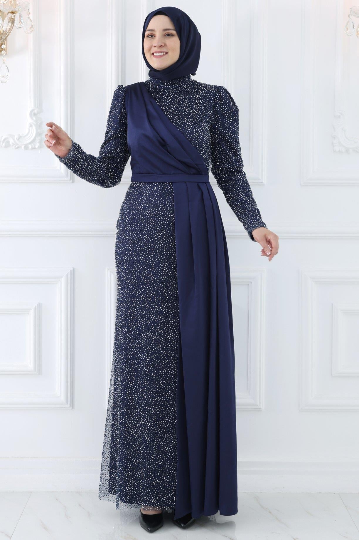 Stone Print Detailed Evening Dress Navy Blue AMH982
