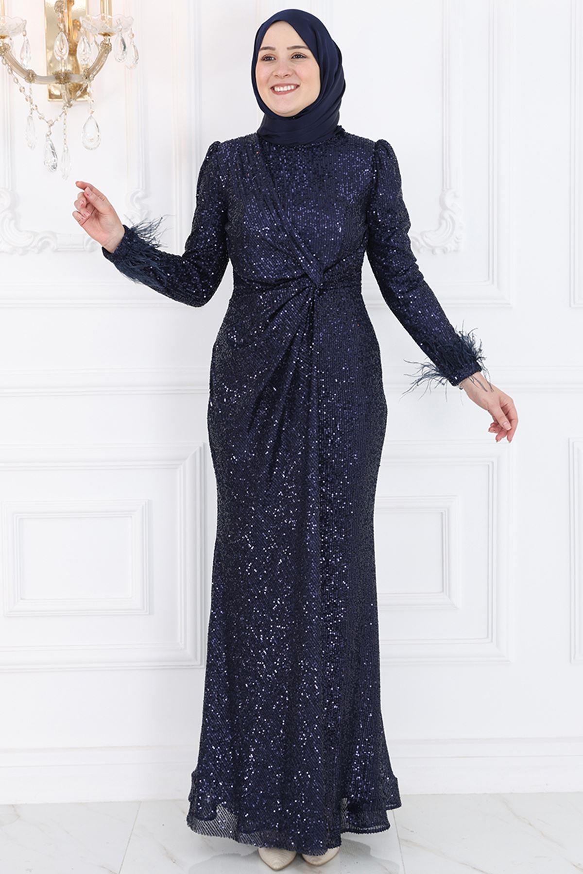 Sequined Evening Dress Navy Blue AMH998