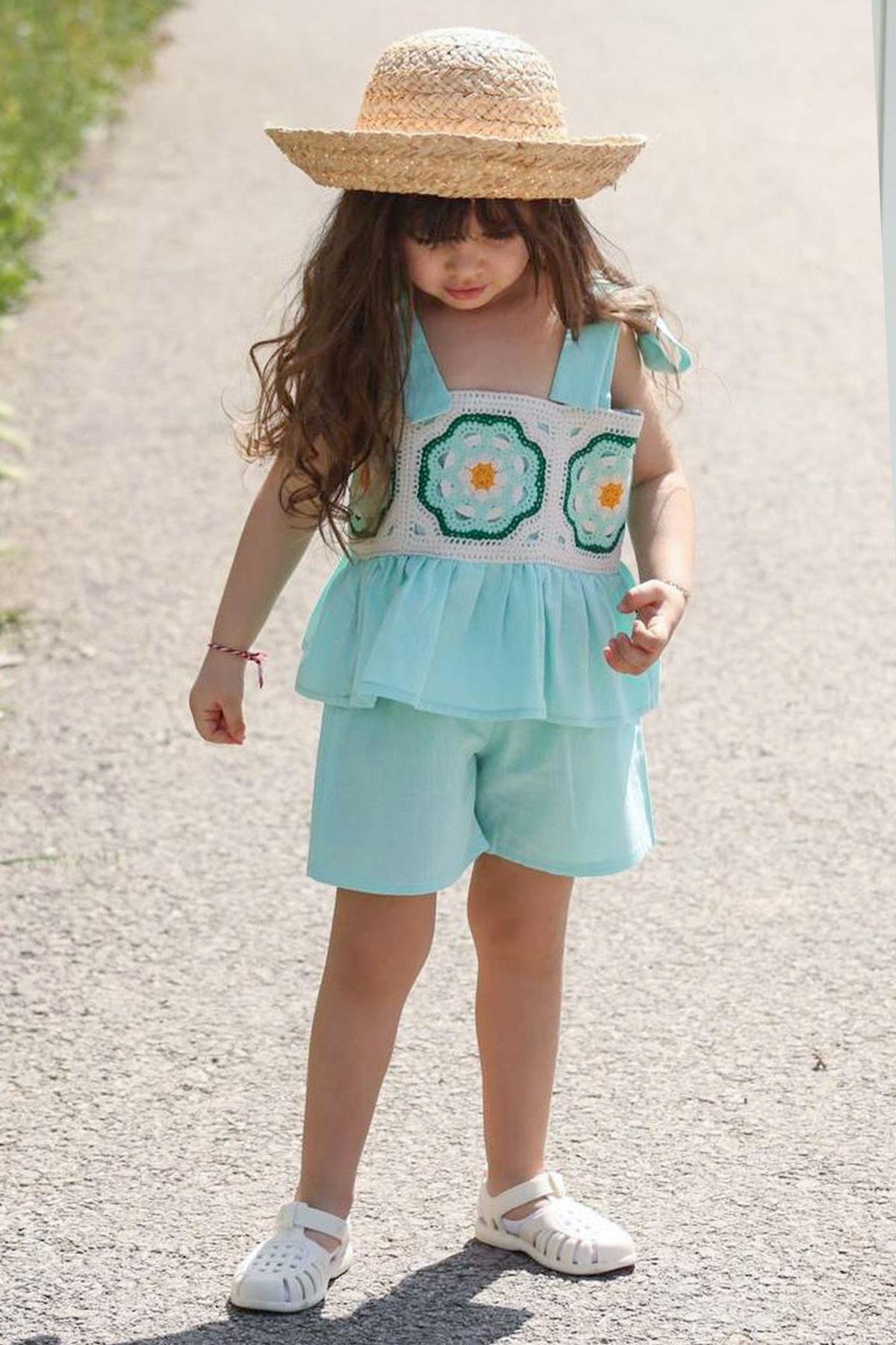 Print Embroidered Double Set Turquoise MDVK104