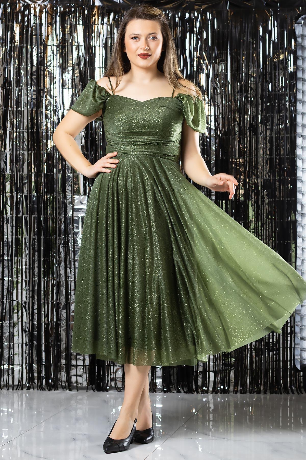 Askılı Simli Abiye Elbise Haki MDV376