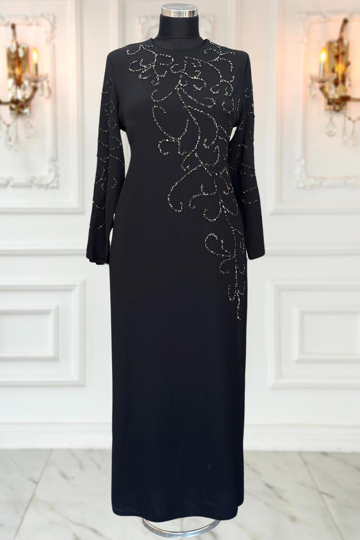 Detailliertes Abendkleid mit Steindruck Schwarz AMH1020