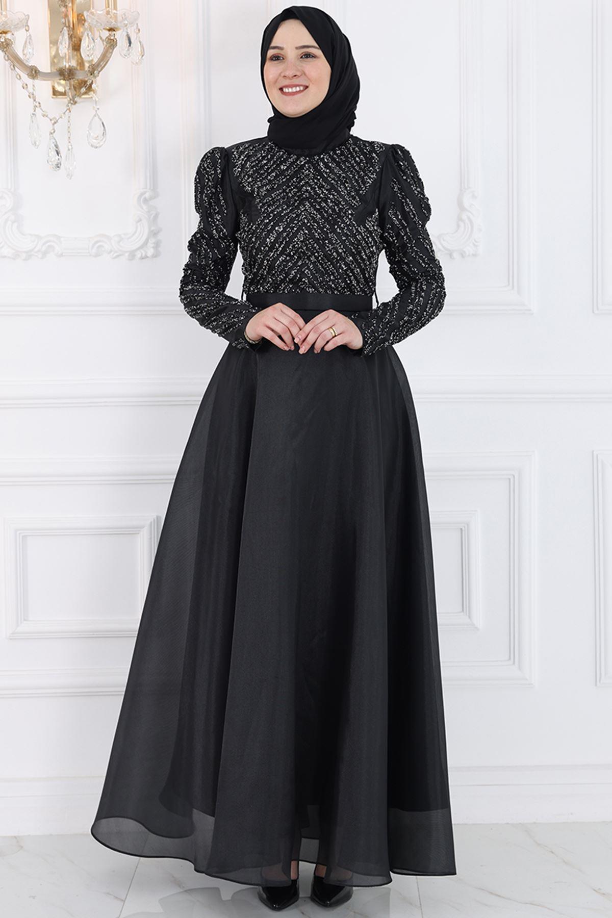 Robe De Soirée En Mousseline de Soie Noir AMH996