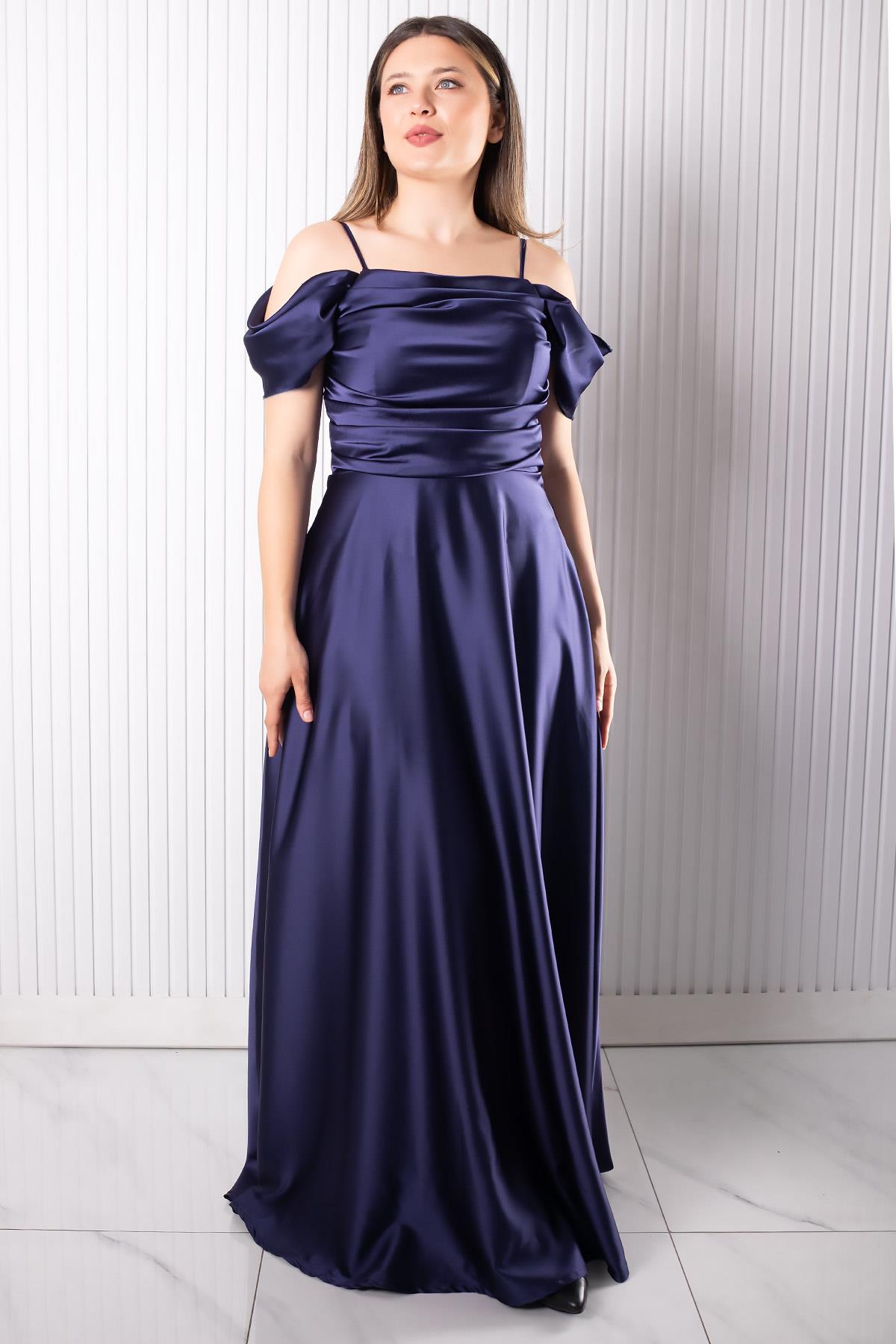 Askılı Saten Abiye Elbise Lacivert MDV388