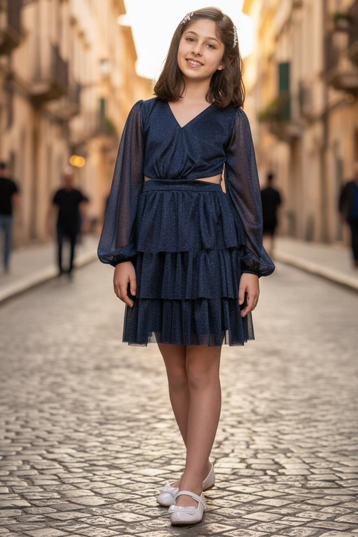 Rüschen Glitzer Tüll Kinder Abendkleid Navy Blau MDV308