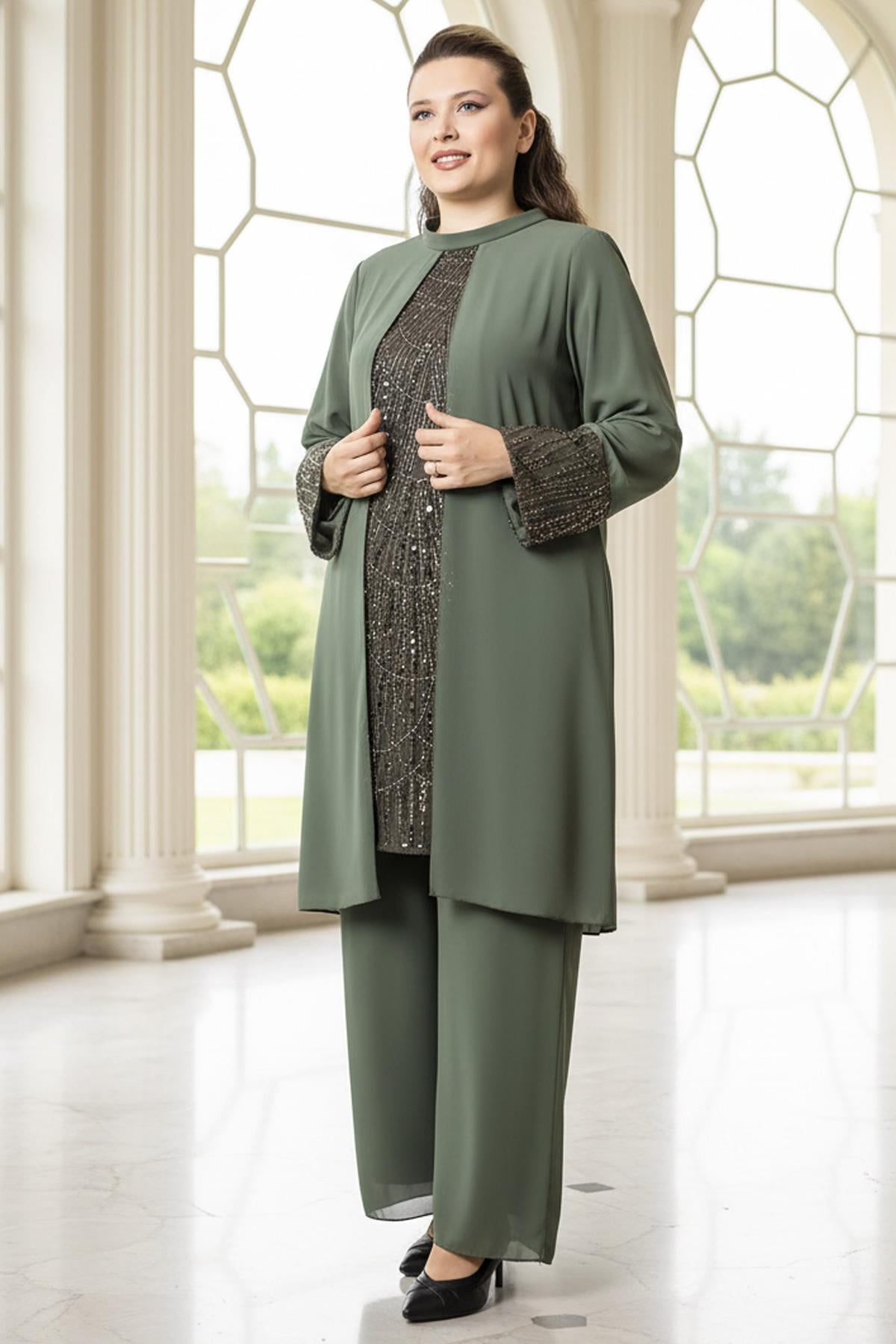 Taş Payet İşlemeli Şifon Pantalon Tunik Takım Haki FHM966