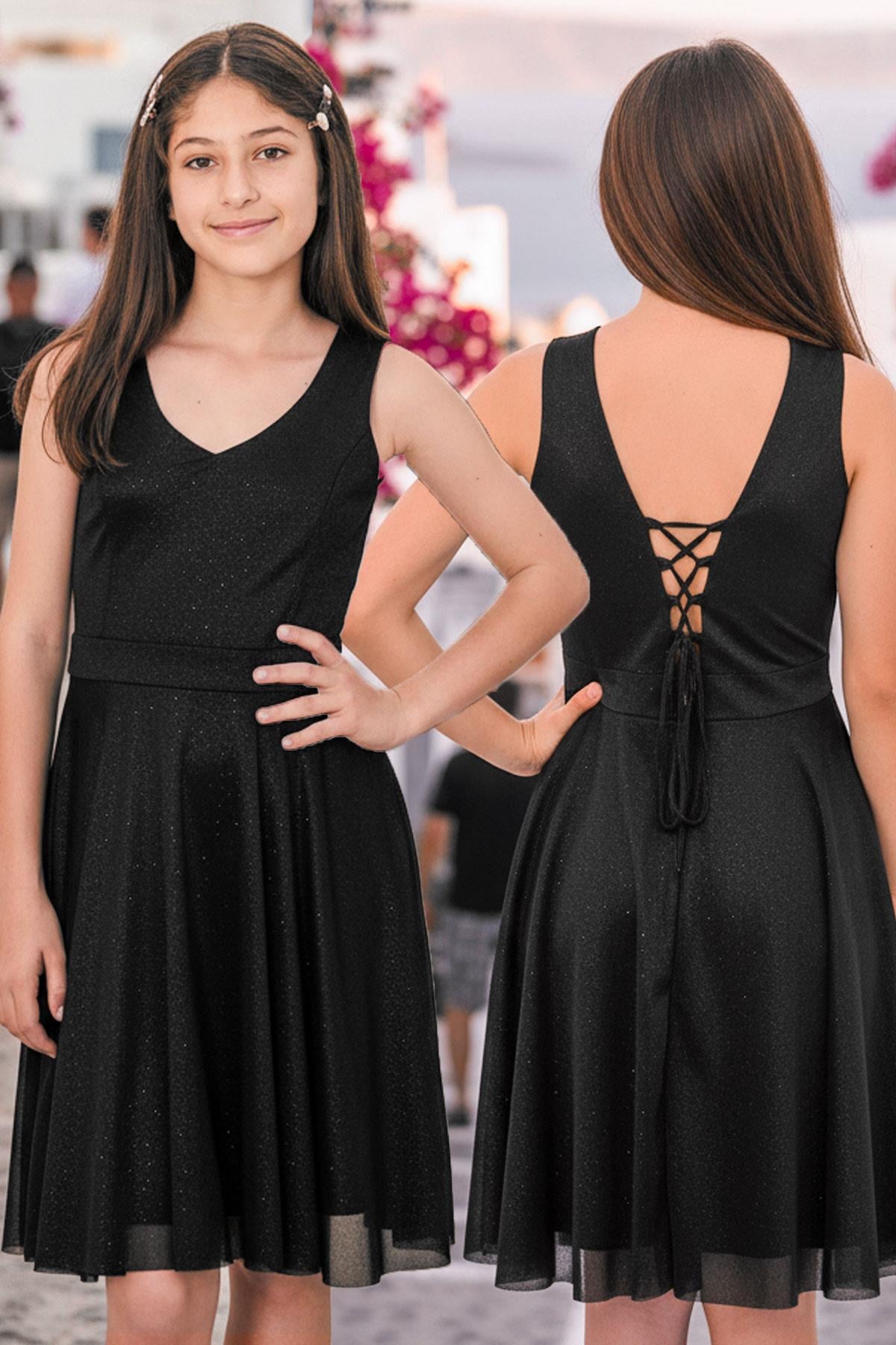 Zurück detaillierte Tüll Abendkleid Schwarz MDV942