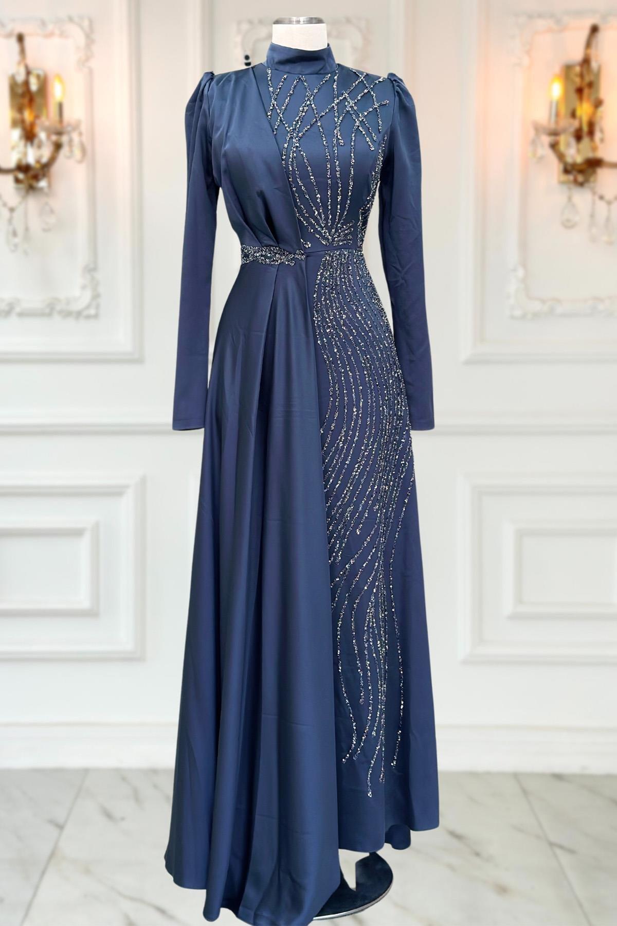 Stone Print Detailed Satin Evening Dress Anthracite AMH1022