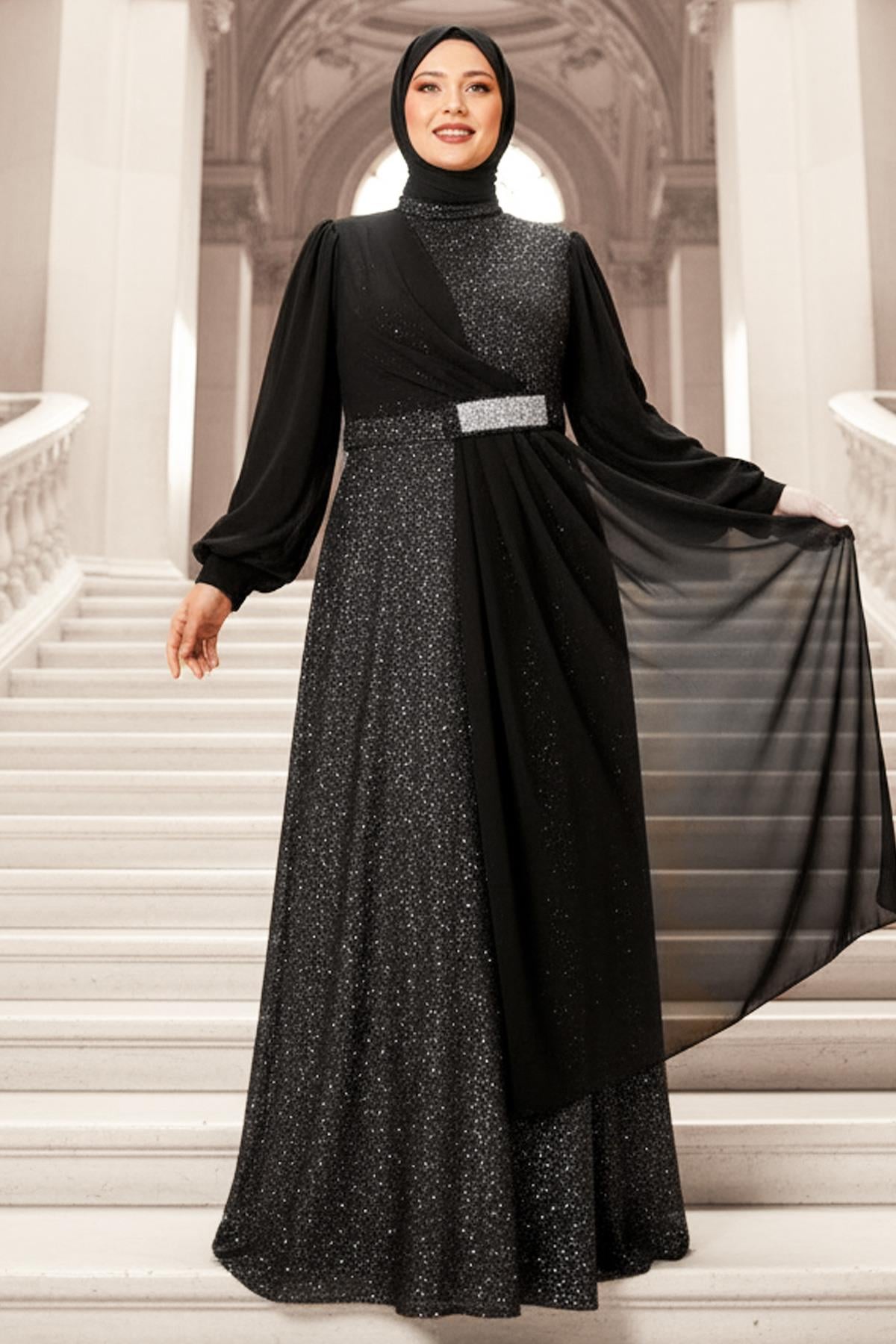 Robe de Soirée en Mousseline Argentée Noir FHM884