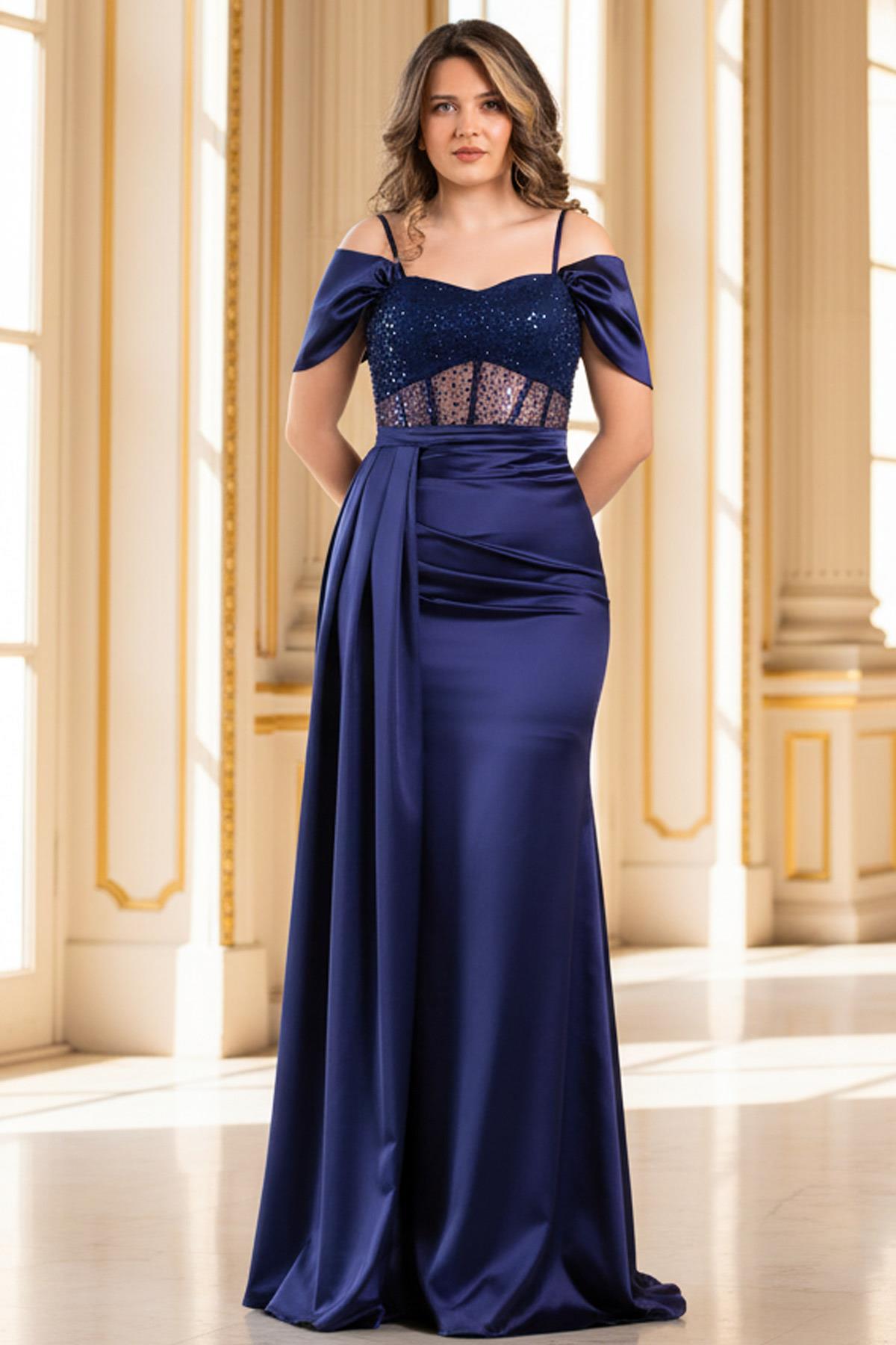 Robe de Soirée en Satin à Paillettes Blue Marine MDV374
