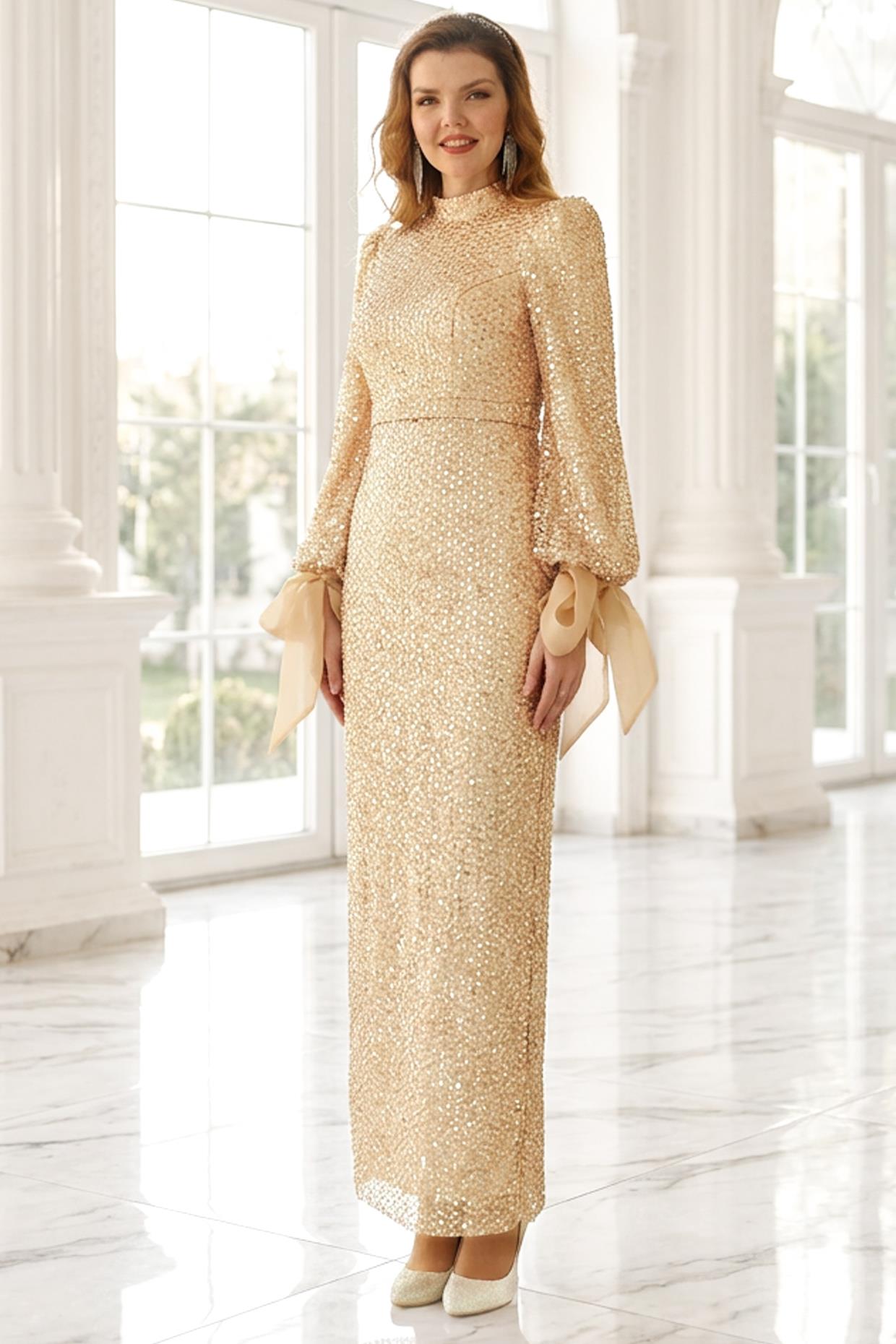 robe de Soirée Perlée Or AHN256