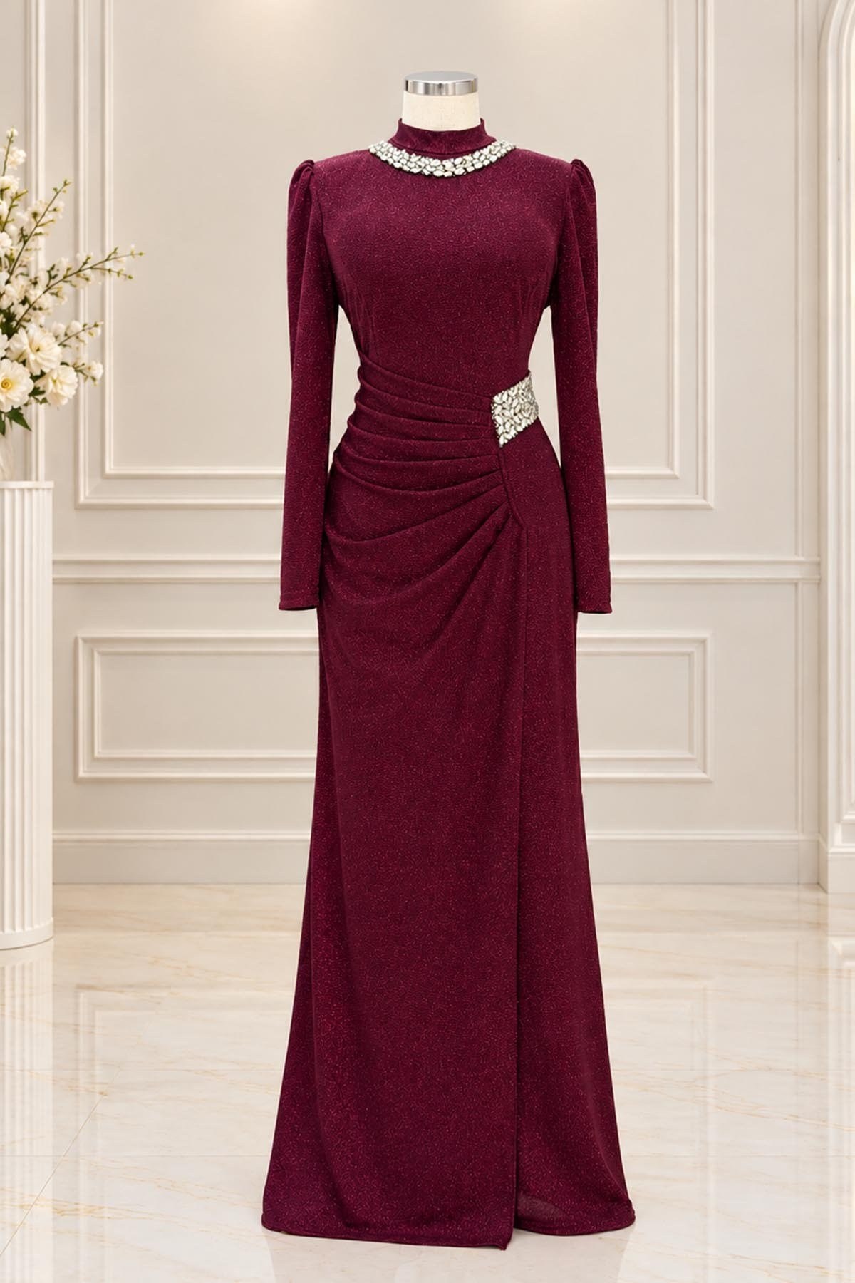 Firuze Tesettür Abiye Bordo AMH1198