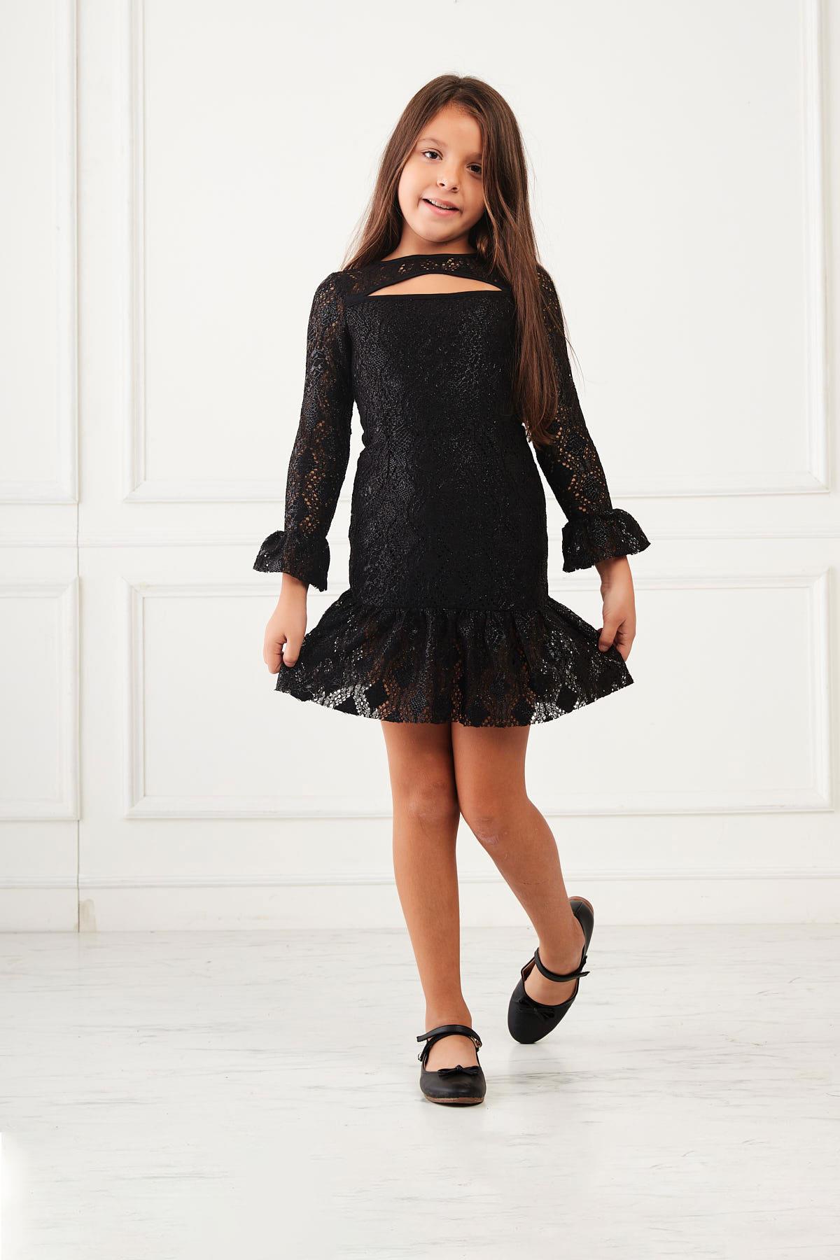 Kız Çocuk Dantelli Elbise Siyah KVC918