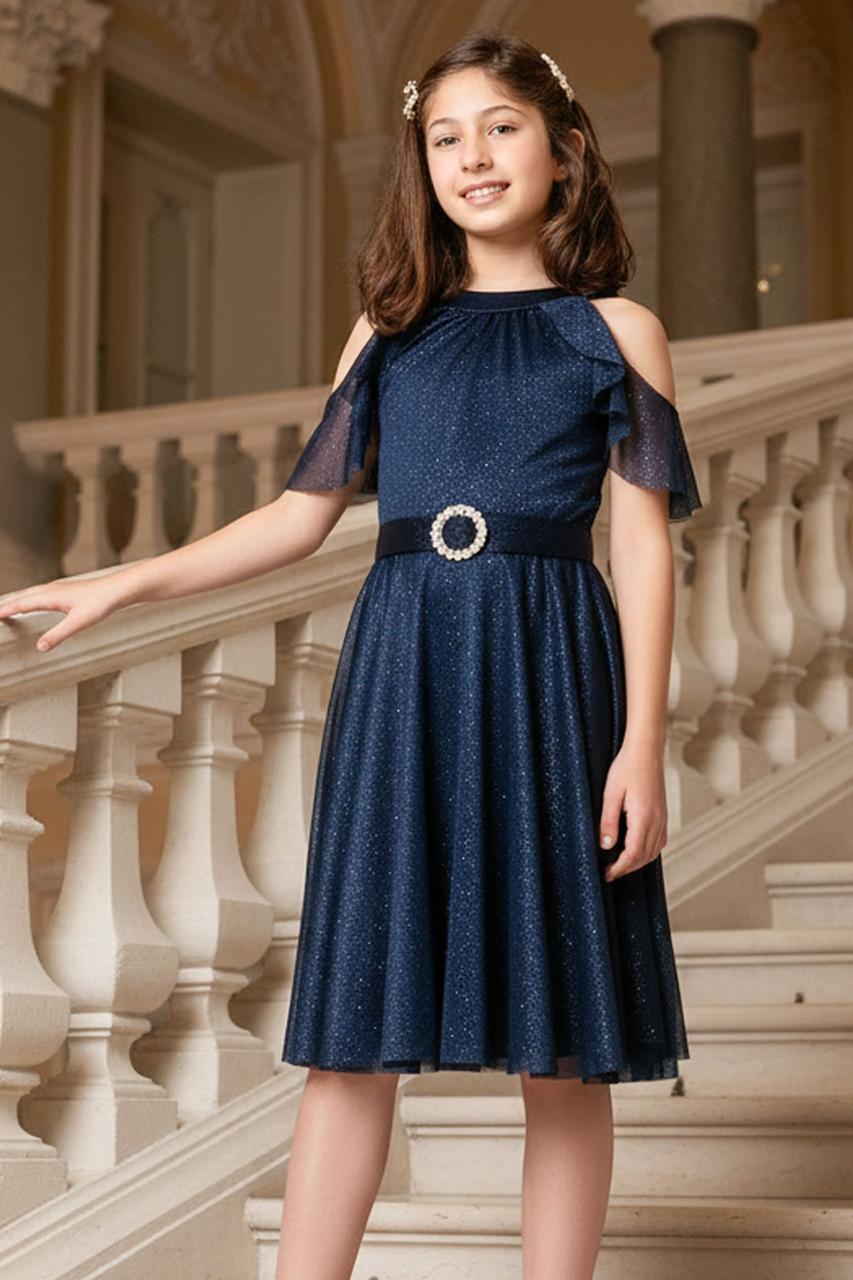 Silvery Tulle Child Evening Dress Dark Blue MDV310