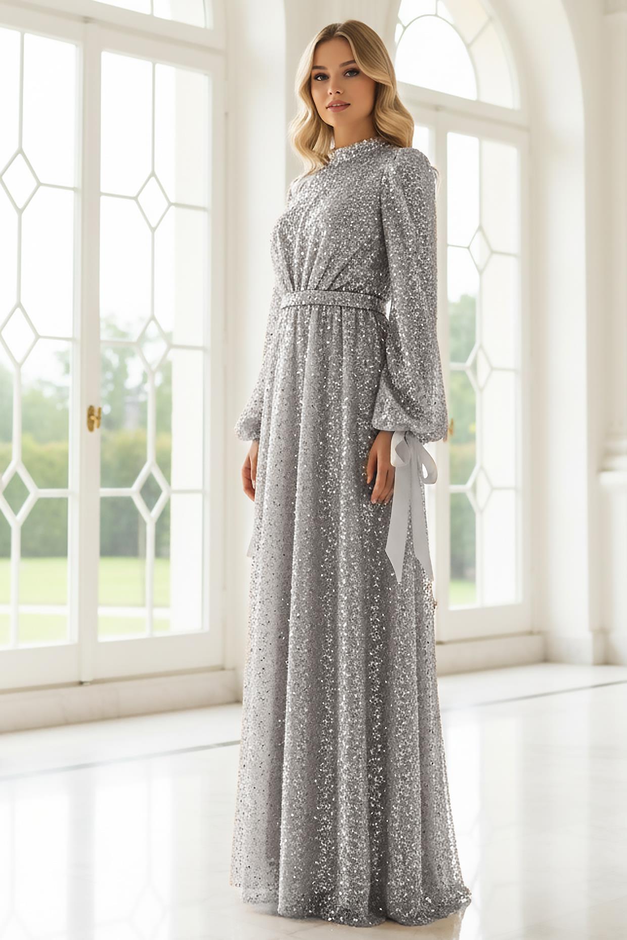 Robe De Soirée Perlée Argent AHN264