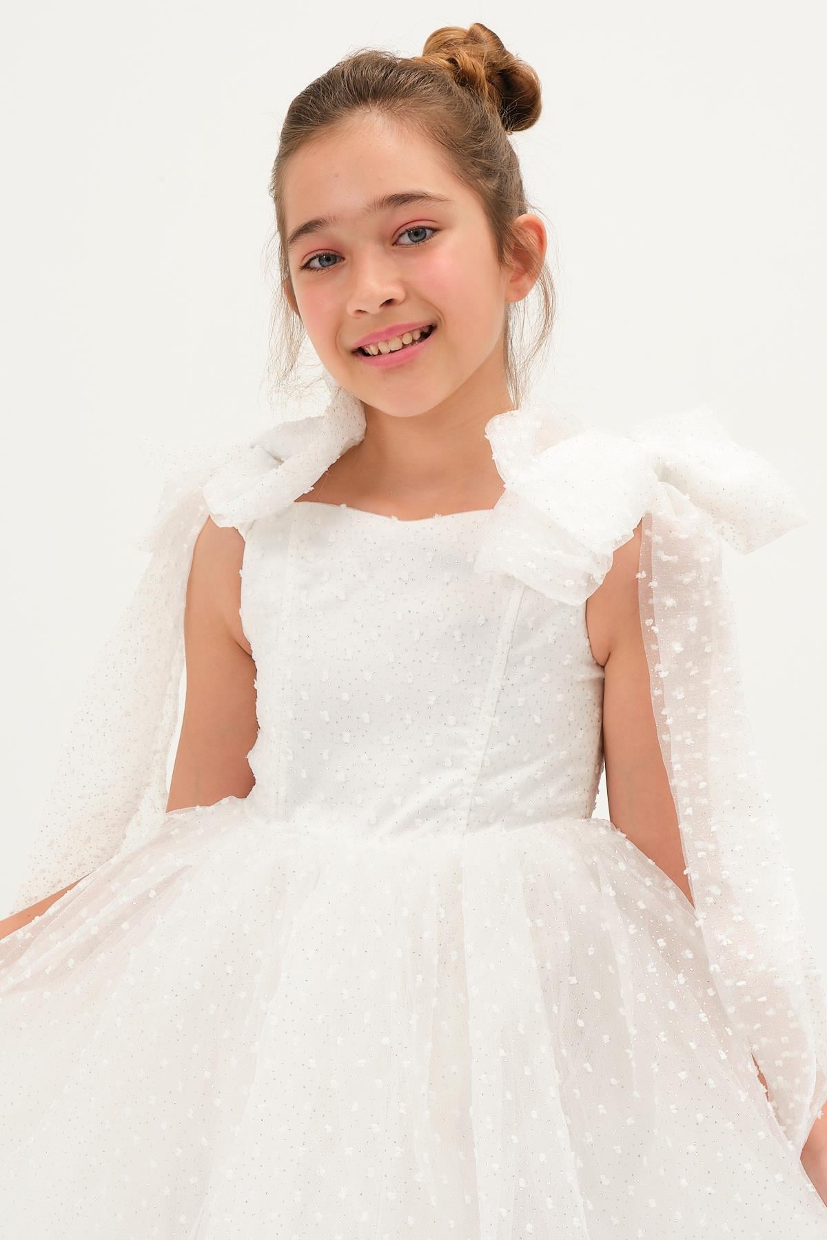 KIZ ÇOCUK SİMLİ OMUZLARI FİYONKLU ABİYE ELBİSE