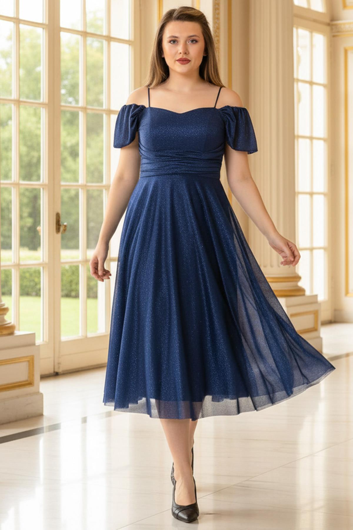 Strapless Glitter Evening Dress Navy Blue MDV376
