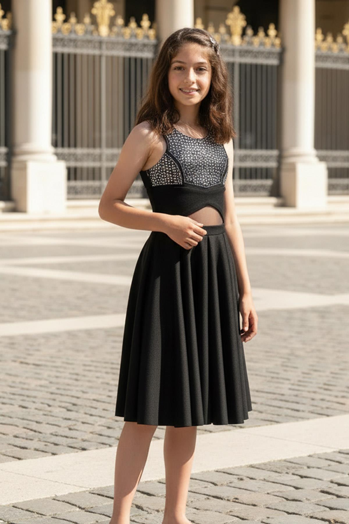 9-14 Years Old Stone Print Evening Dresses Black MDV320