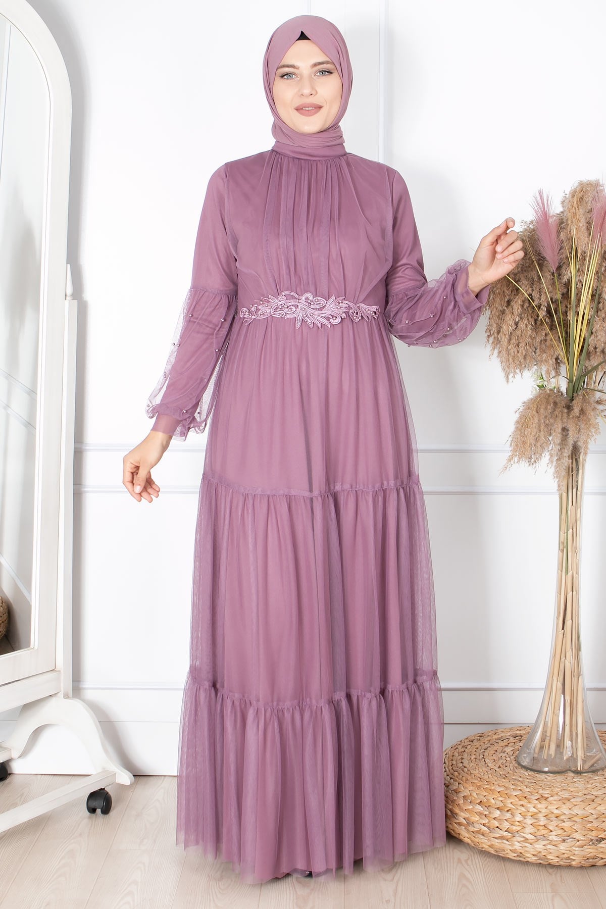 FIRFIR GÜPÜR İŞLEMELİ TÜL ABİYEFHM864-LİLAFahima