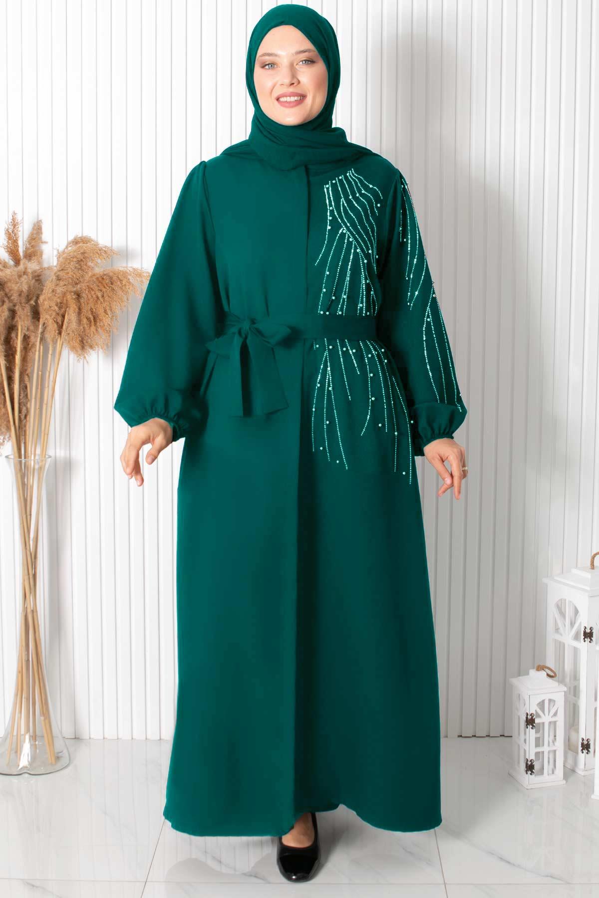 TAŞ BASKILI KEMERLİ FERACEFHM926-ZÜMRÜTFahima