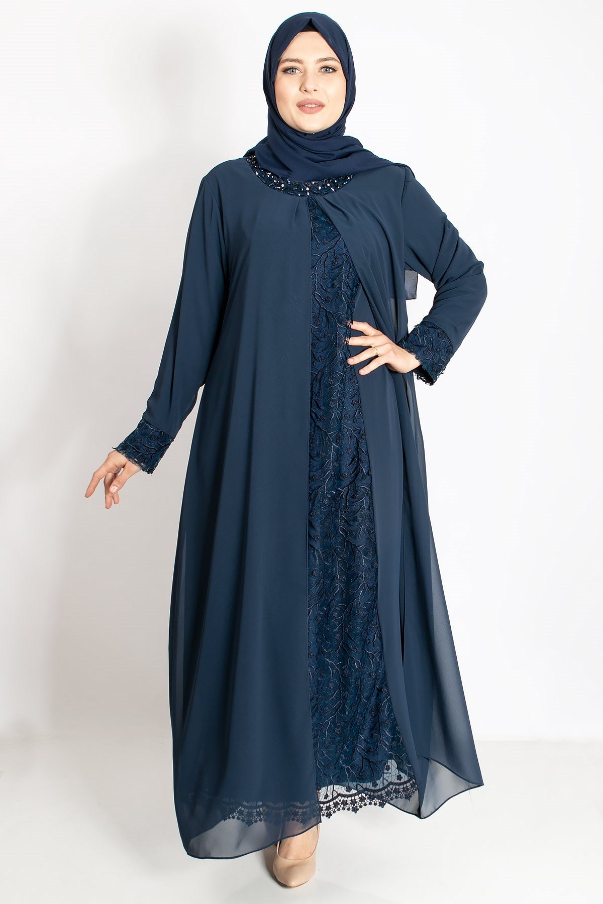 Dantel Detaylı Şifon Abiye Lacivert MDA2204MDA2204-LACİVERTMDA