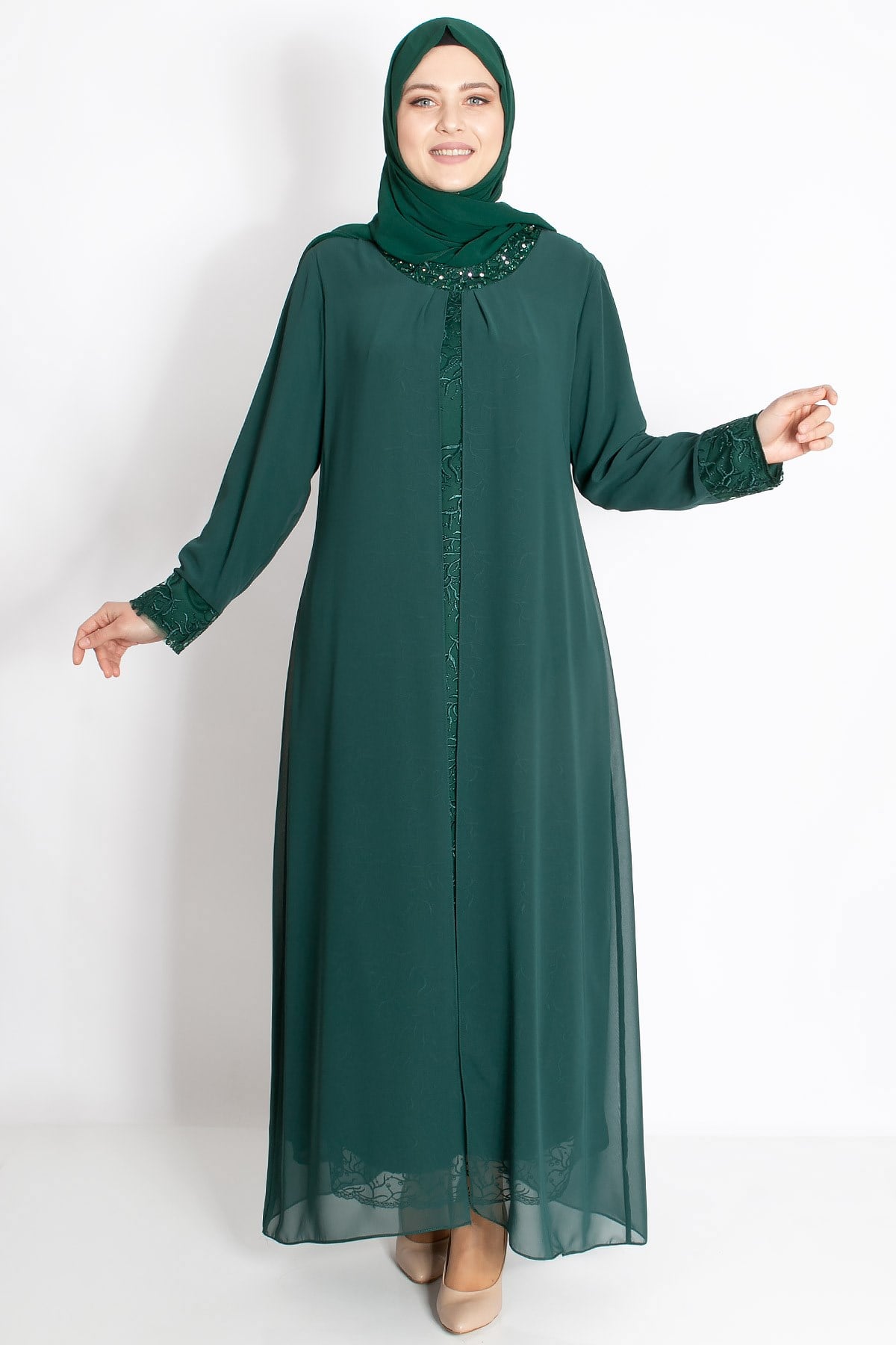 Dantel Detaylı Şifon Abiye Yeşil MDA2204MDA2204-YEŞİLMDA