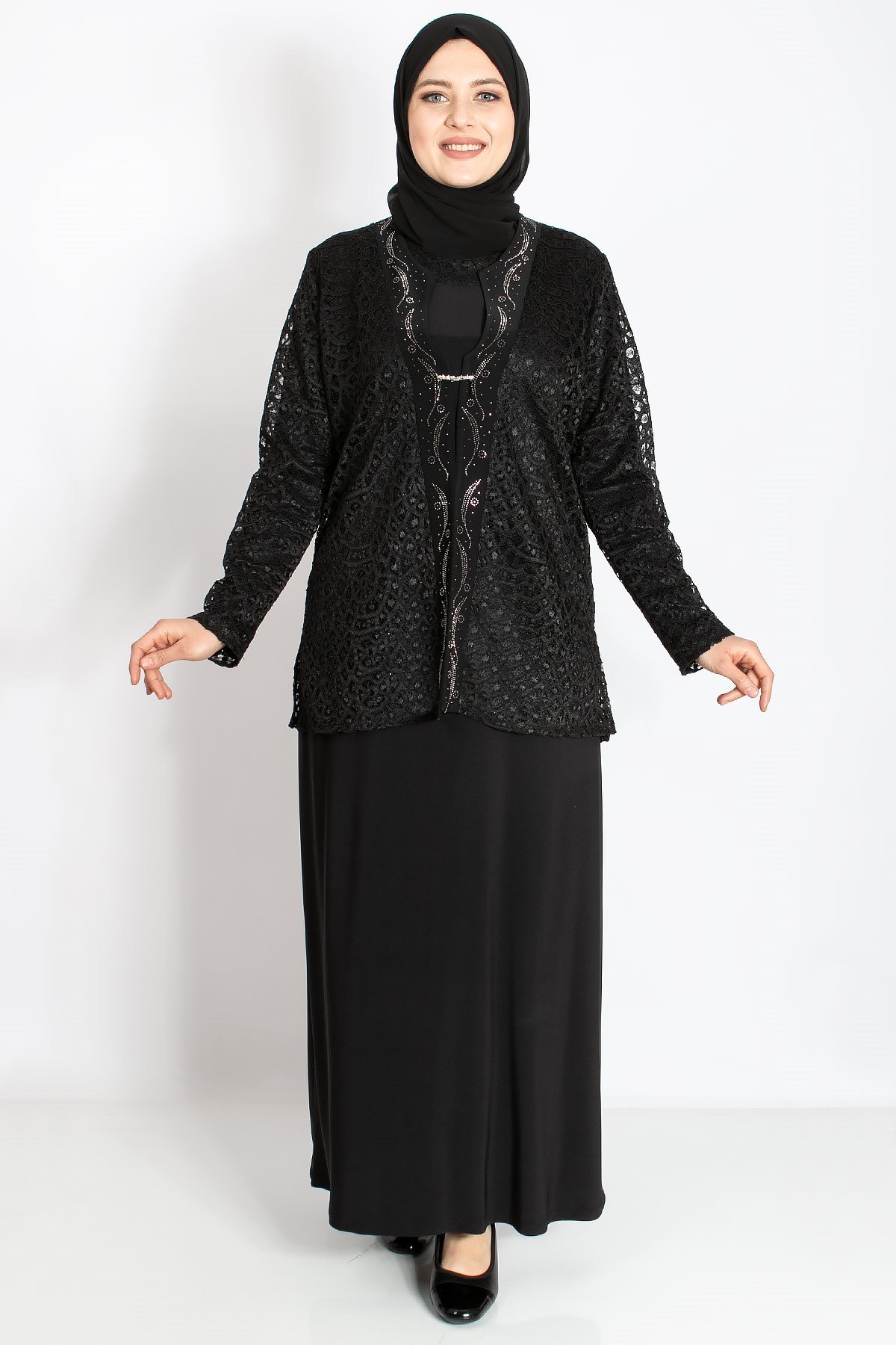 Dantel Detay Ceketli Abiye Takım Siyah MDA2208MDA2208-SİYAHMDA