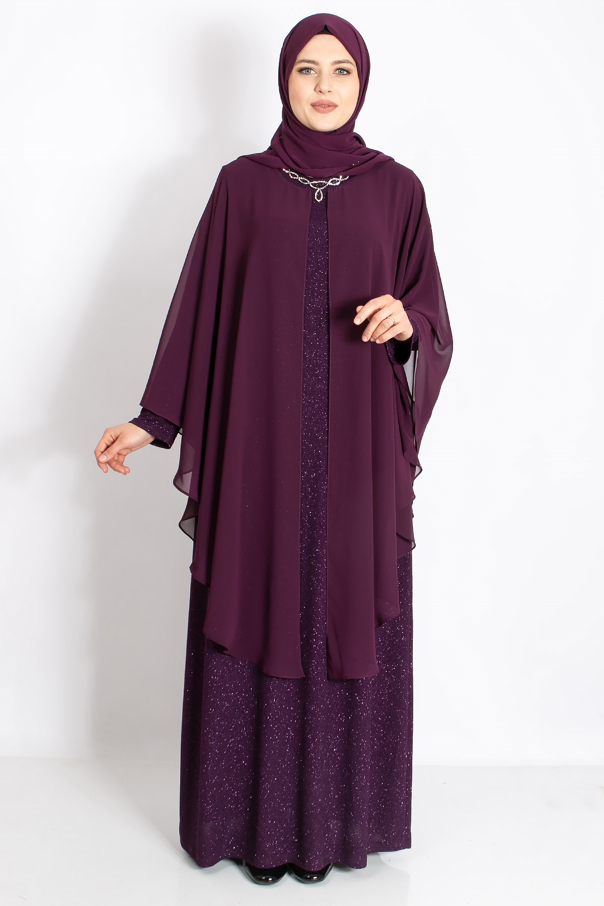 Kolye Detaylı Pelerinli Simli Abiye Mürdüm MDA2214MDA2214-MÜRDÜMMDA