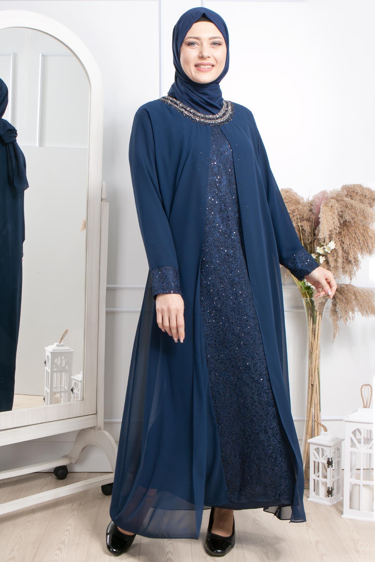 Taş İşlemeli Şifon Abiye Lacivert MDA2303MDA2303-LACİVERTMDA