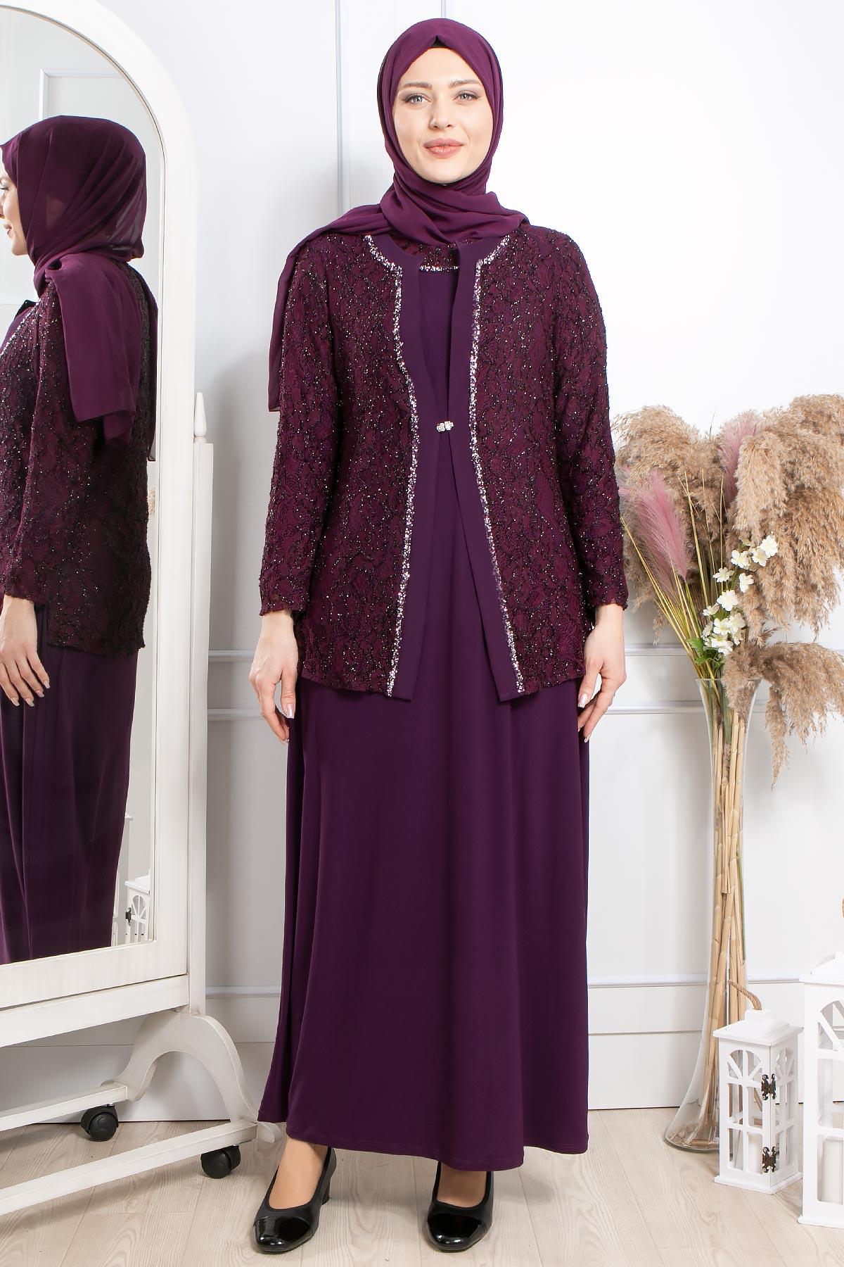 Taş İşleme Detaylı Simli Abiye Mürdüm MDA2317MDA2317-MÜRDÜMMDA