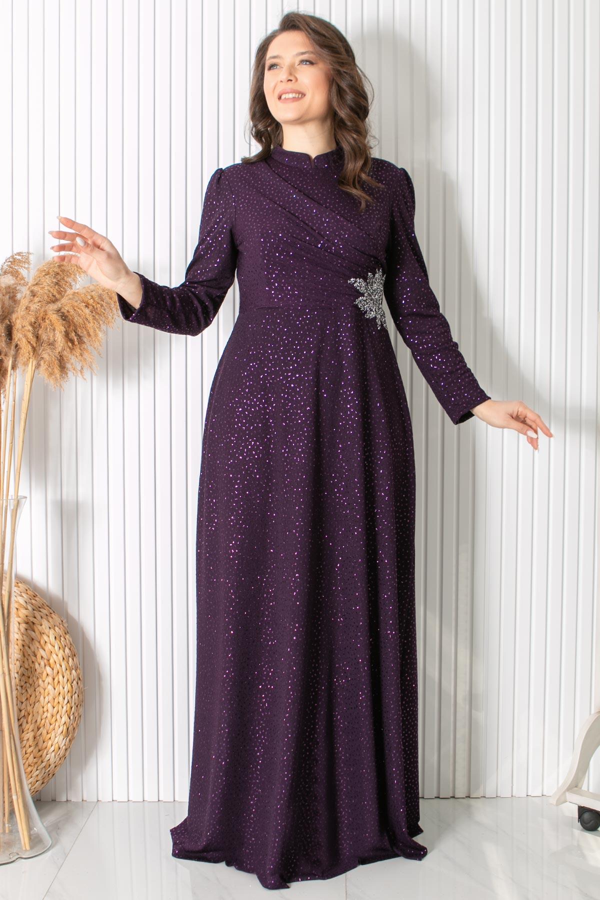 Simli Taş Baskı Detaylı Abiye Mürdüm MDA2424MDA2424-MÜRDÜMMDA