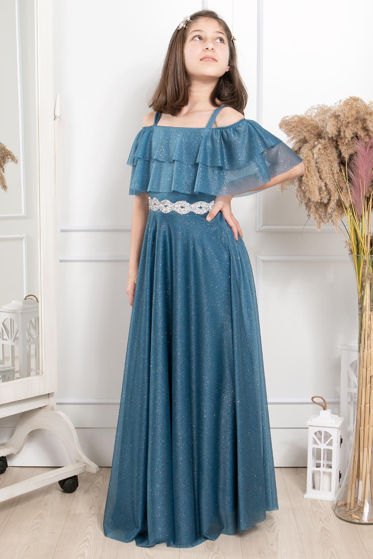 FIRFIR DETAYLI SİMLİ TÜL ABİYEMDV314-İNDİGOModaviki