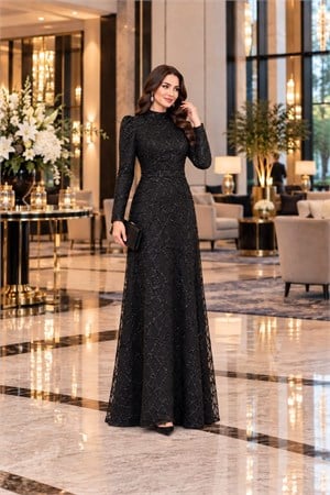 Asya Tesettür Abiye  Siyah ANR46