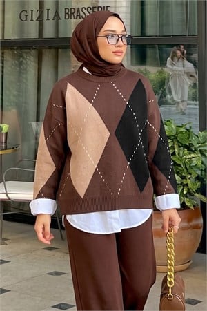 Yumoş Dokulu Baklava Desenli Salaş Tunik Kazak Kahverengi FHM2601