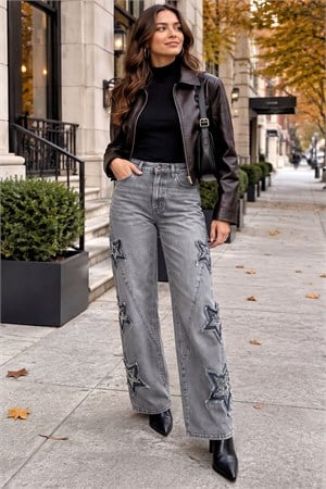 Gri Yıldız ve Taş Detaylı Wide Leg Jean FHM1556