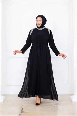 Zambak Şifon İncili Tesettür Abiye Siyah ISR1088
