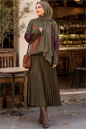 Yumoş Dokulu Baklava Desenli Salaş Tunik Kazak Yeşil FHM2601