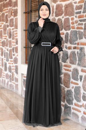 Kemer Detaylı Tül Abiye Elbise Siyah FHM777FHM777-SİYAHFahima
