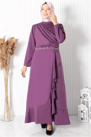 Fırfırlı Taş İşleme Detaylı Elbise Lila FHM874FHM874-LİLAFahima