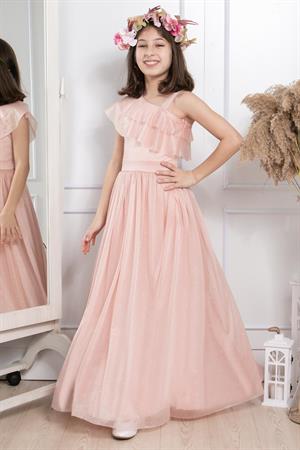 Shoulder Detailed Silvery Tulle Evening Dress Salmon Color MDV312