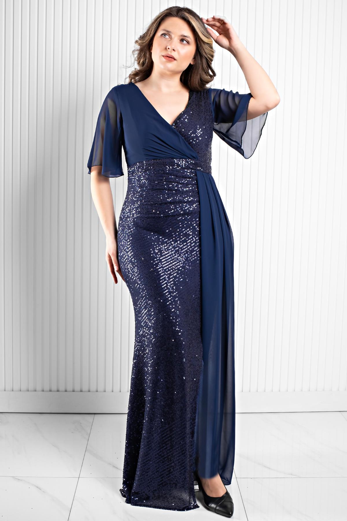 Pul Payetli Şifon Abiye Elbise Lacivert MDV364