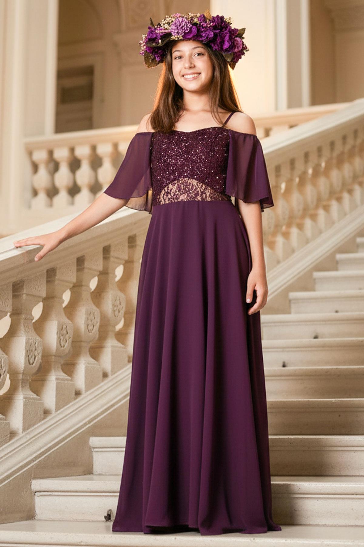 Dantelli Şifon Abiye Mürdüm MDV330