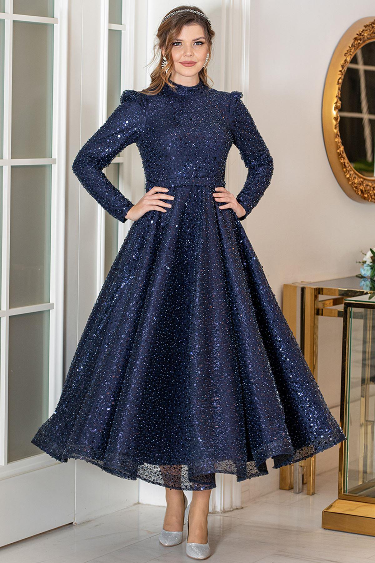 Sequined Evening Dress Navy Blue AHN244