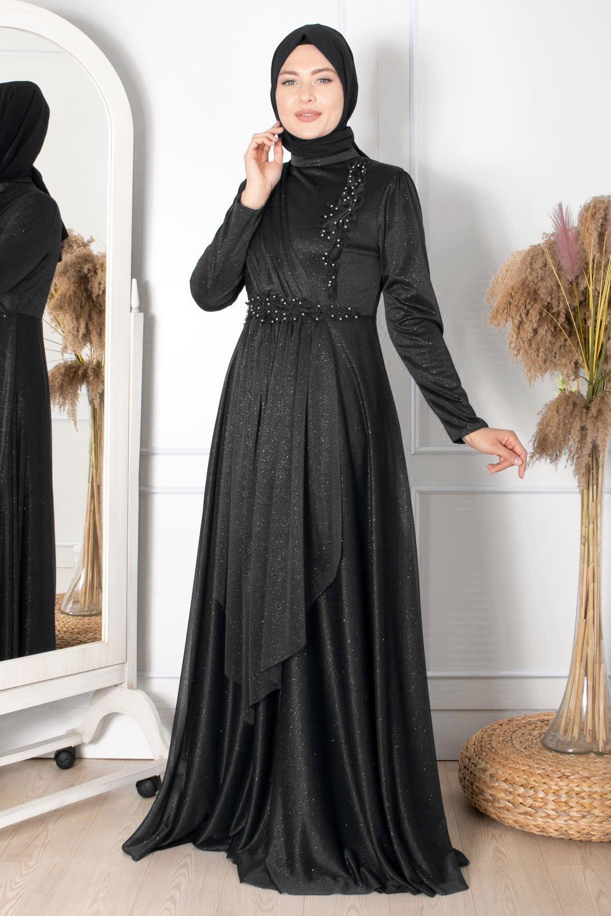 Robe de Soirée Détaillée en Guipure Noir FHM862