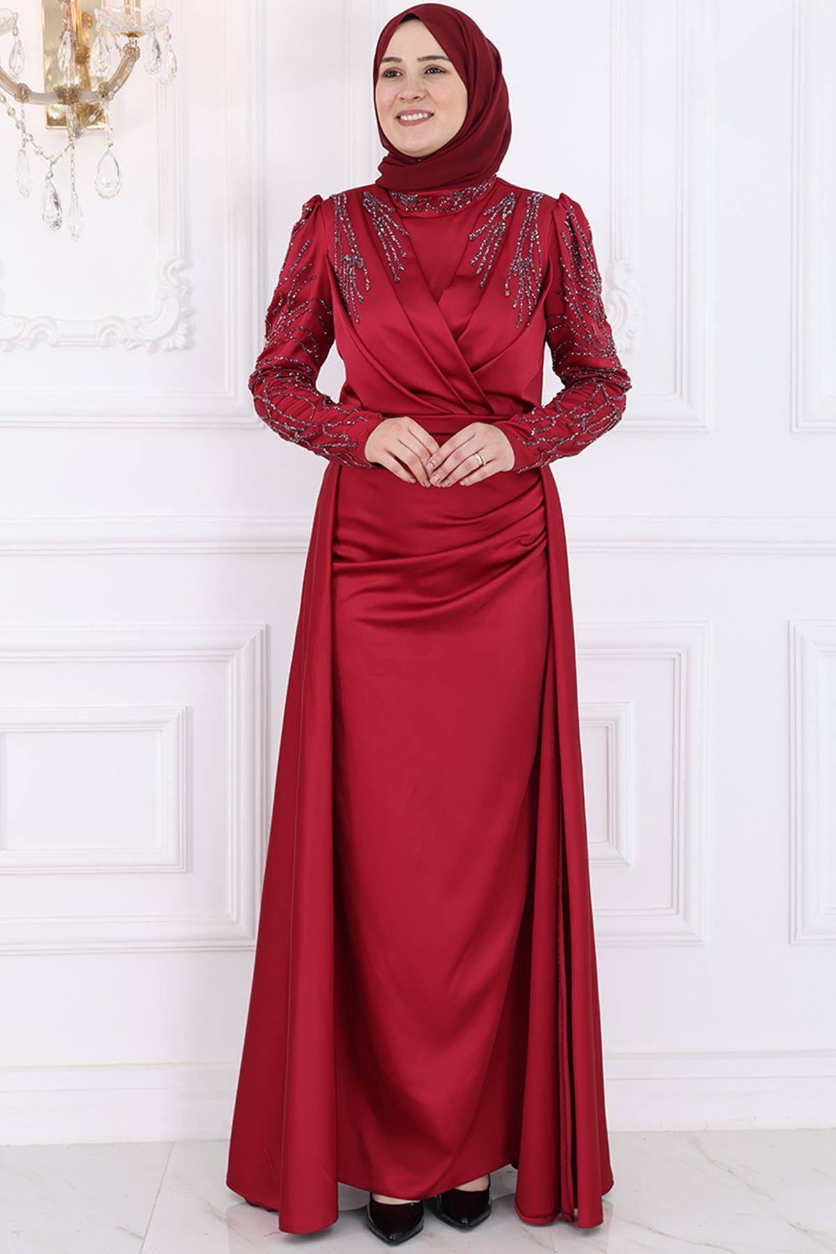Stone Print Detailed Chiffon Evening Dress Red AMH994